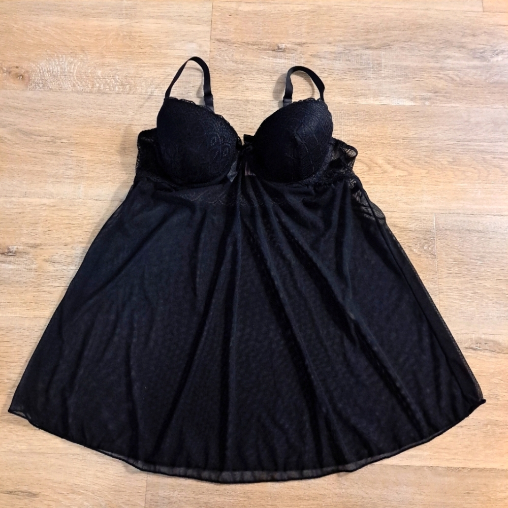 Tracy Black Sheer Lace Babydoll Lingerie Underwire Push-Up Bra Women Small